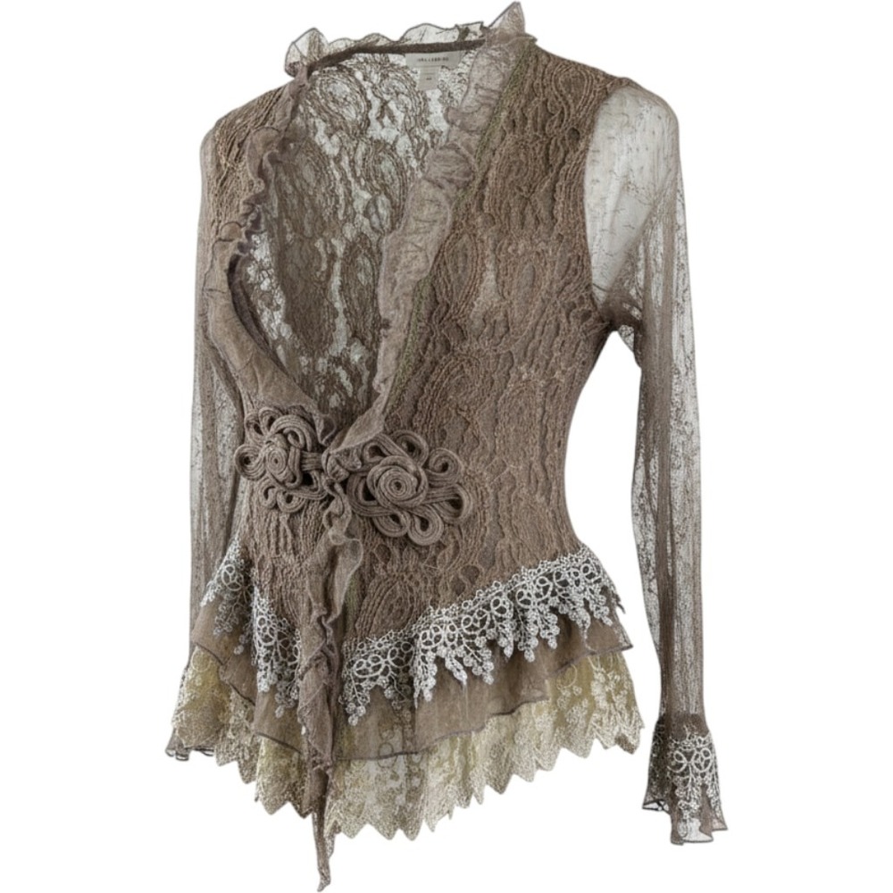 Pretty Angel Brown Lace Ruffle Cardigan Top Frog Closure Size L Fairycore/Boho